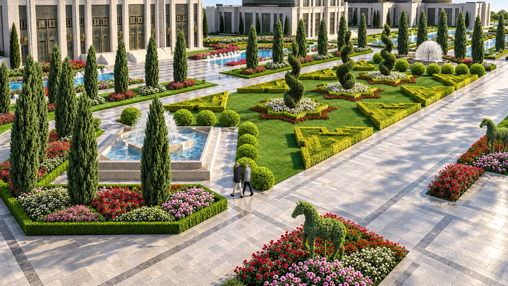 Türkmenistan · Simetrik Bahçe Sanatı. Klasik mimariyle uyumlu simetrik geometrik çim alanlar, fıskiyeler ve formlu bitkiler tasarlıyoruz