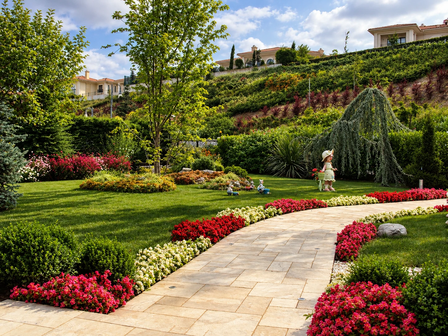 Pelican Hill – Villa Bahçesi. Doğal taş yürüme yollarını canlı renkli çiçek bordürleri ve bodur bitkilerle bütünleştiriyoruz.