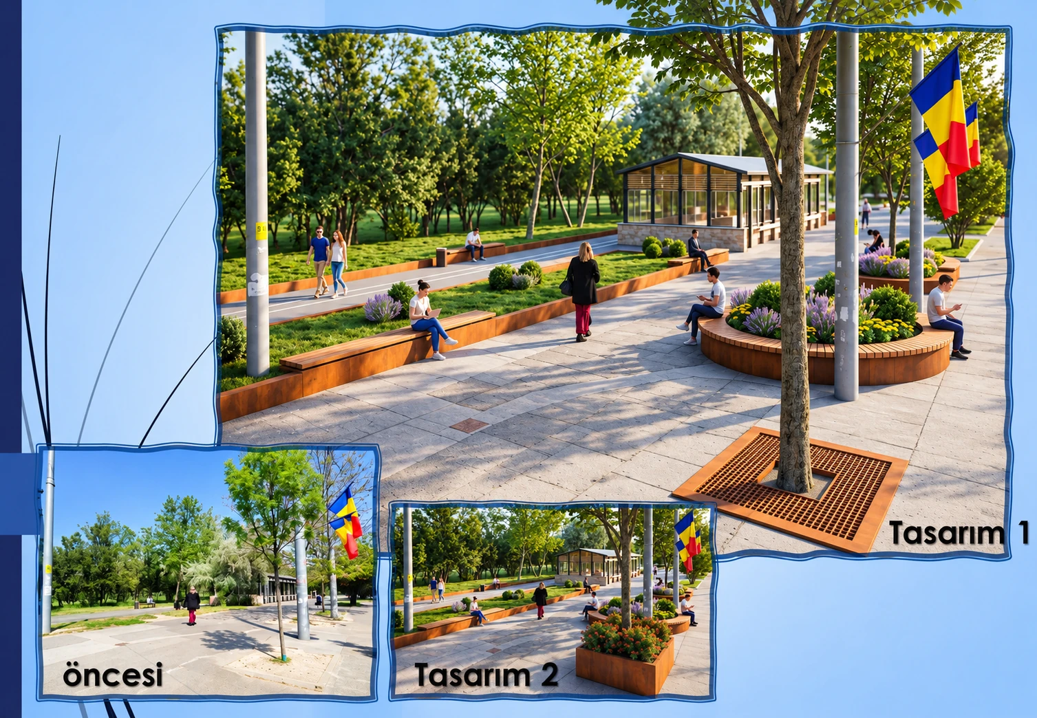Bükreş · Meydan tasarımı. Atıl kentsel alanları, park ve yürüyüş yollarını; modern ahşap kent mobilyaları ve peyzaj projeleriyle yenileyerek yeniden doğaya ve topluma kazandırıyoruz.
